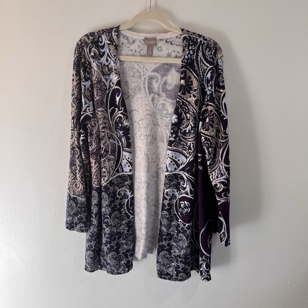 Chico's Cardigan Sweater 3 / XL Paisley Long Sleeve Purple Blue Cotton Knit